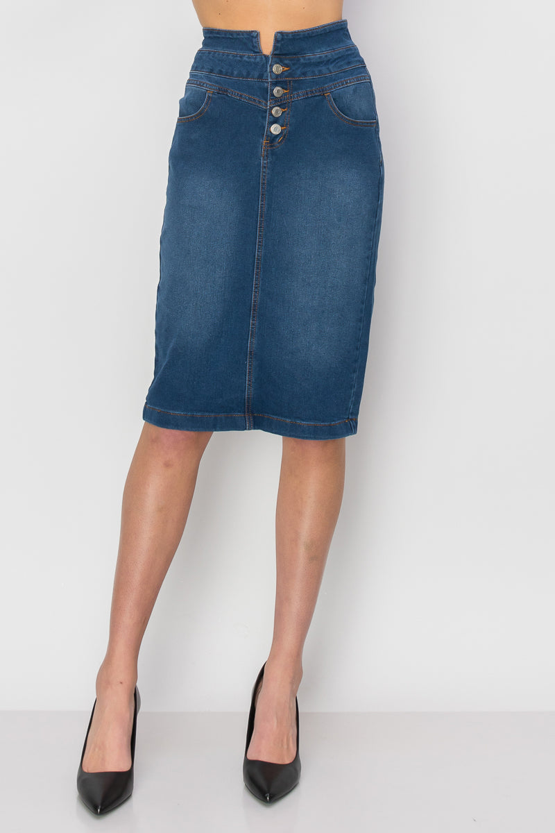 model wears indigo wash denim skirt