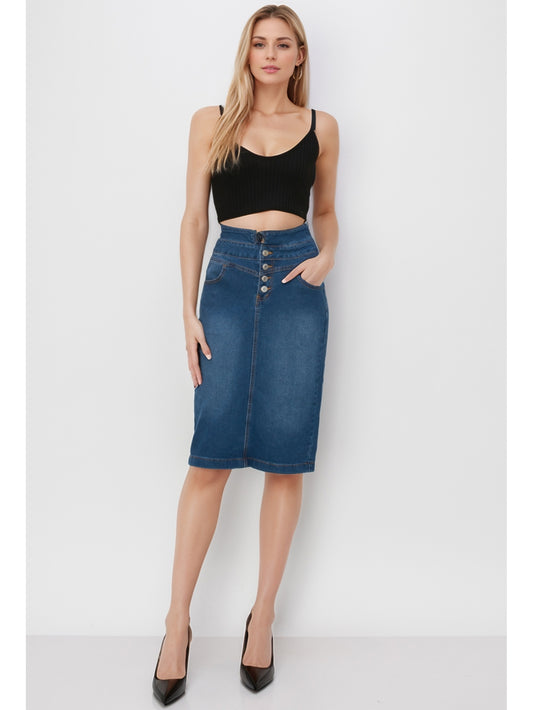 model wears indigo wash denim skirt