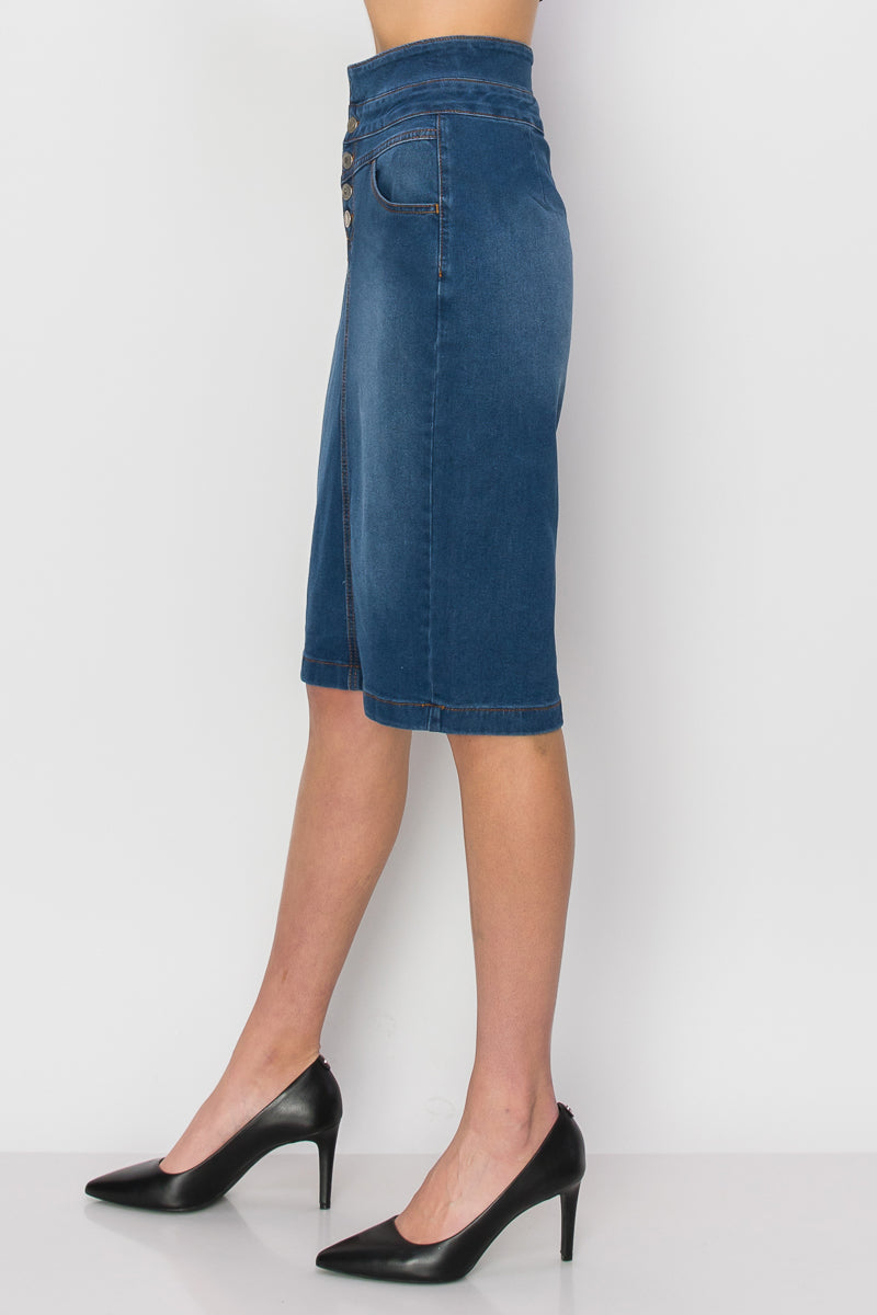 model wears indigo wash denim skirt