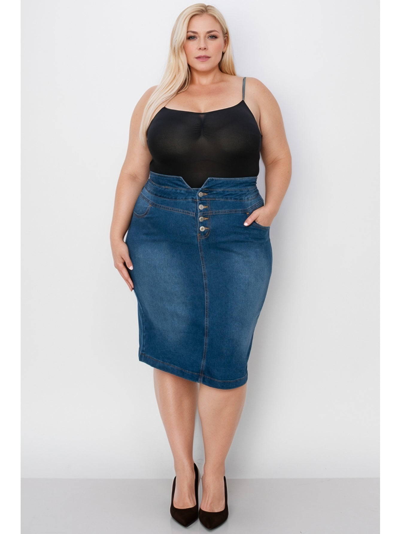 model wears indigo wash denim skirt
