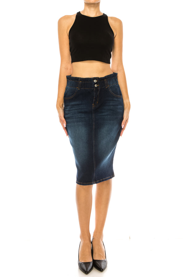 model wears dark indigo wash skirt