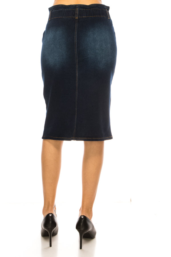 model wears dark indigo wash skirt