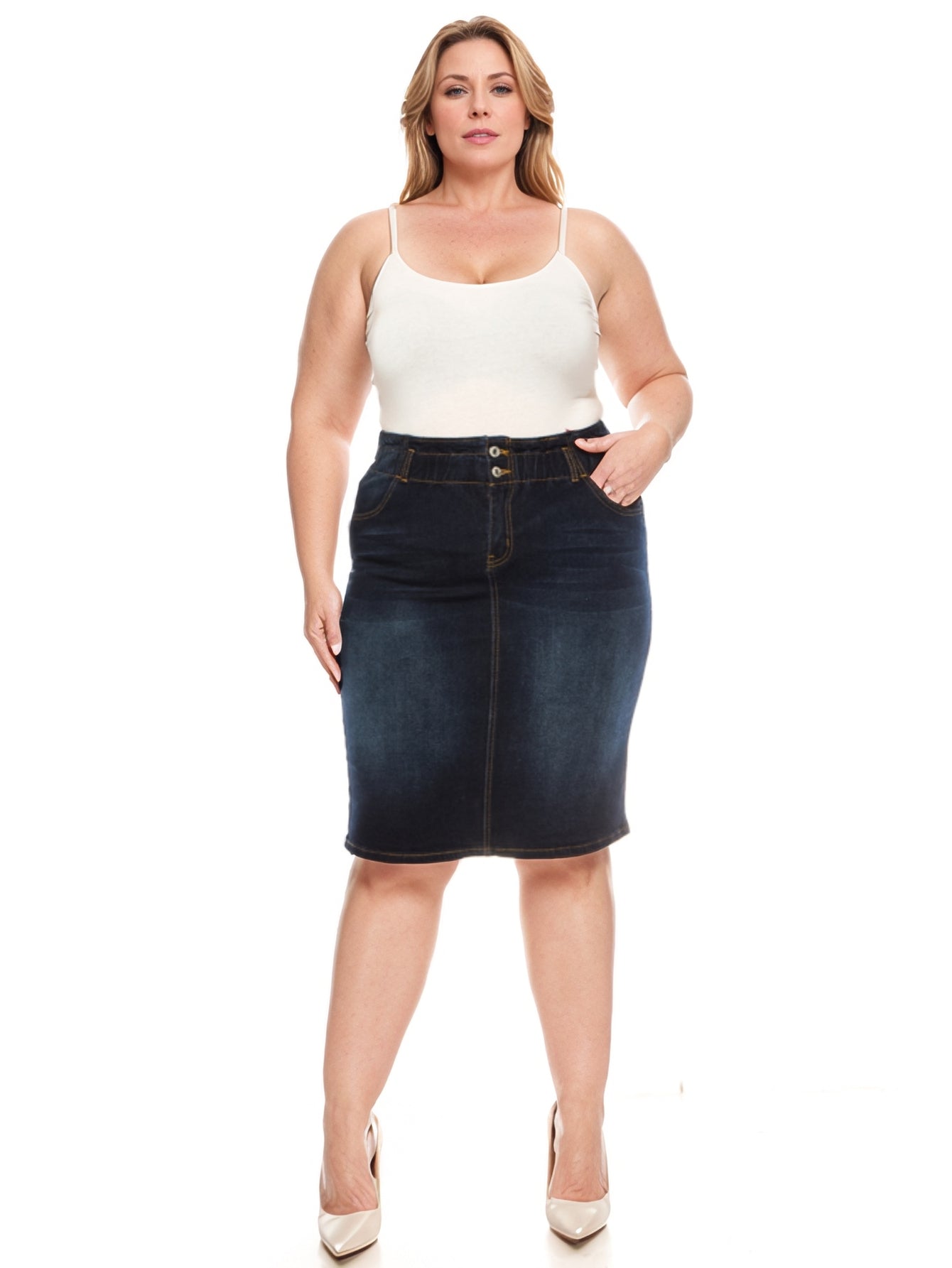 model wears dark indigo wash skirt