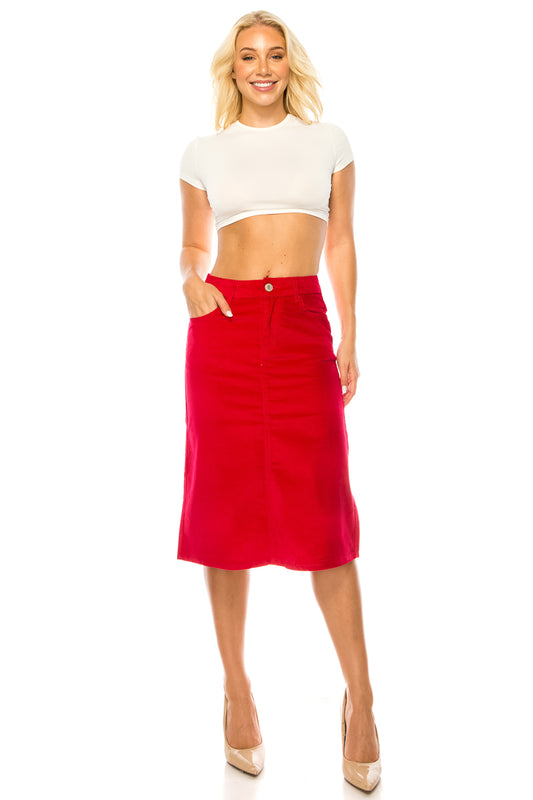 model wears red velvet skirt