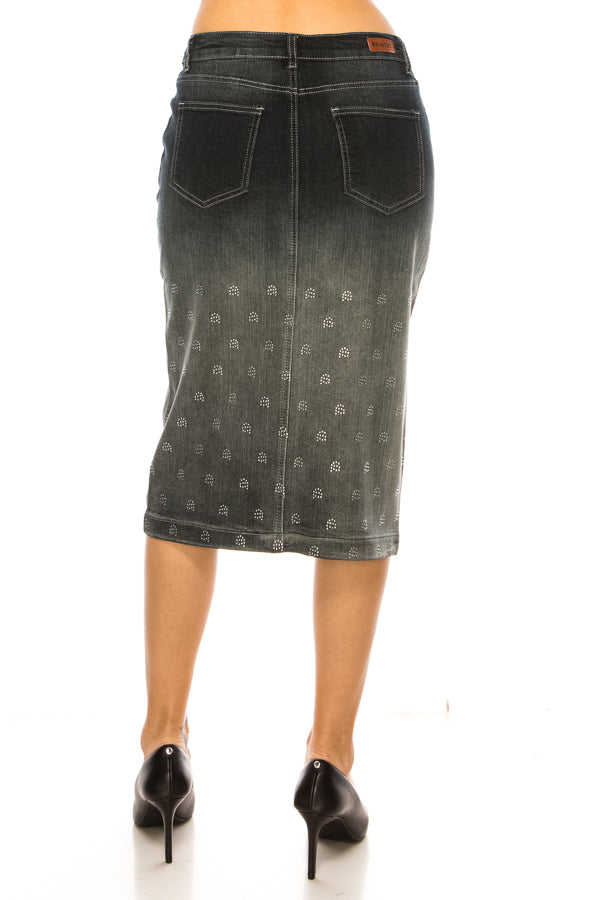model wears black denim skirt 