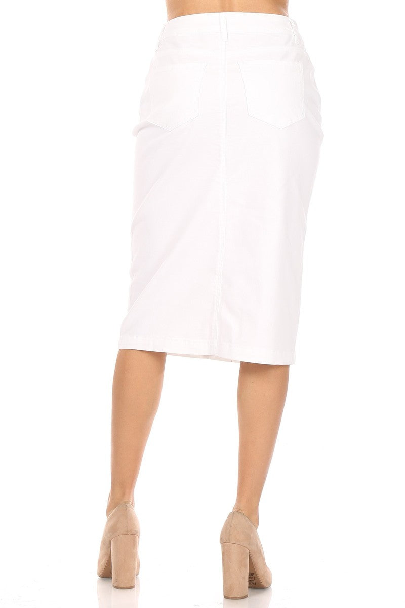 model wears white cotton midi skirt
