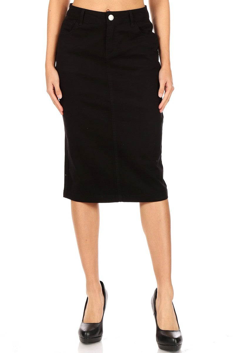 model wears black cotton midi skirt