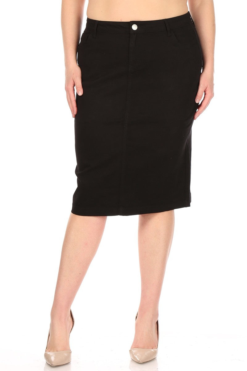 model wears black cotton midi skirt