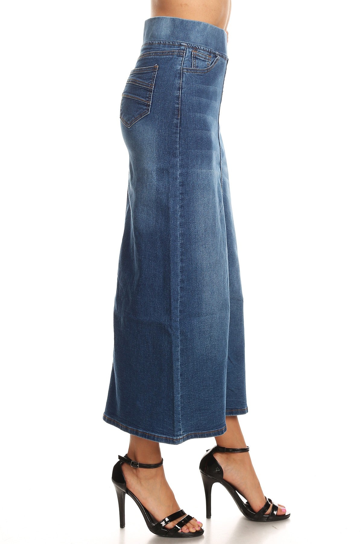 model wears vintage wash denim skirt