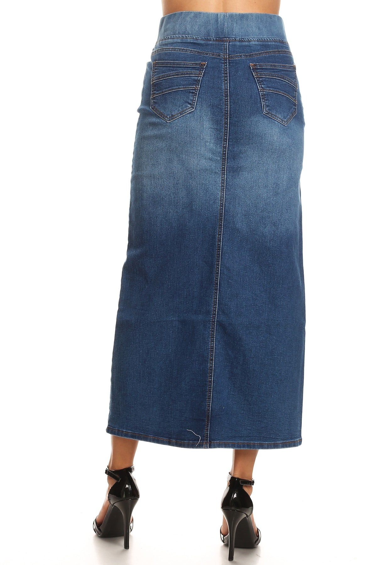 model wears vintage wash denim skirt