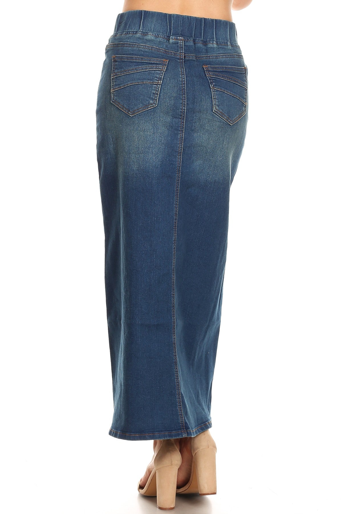 model wears vintage wash denim skirt