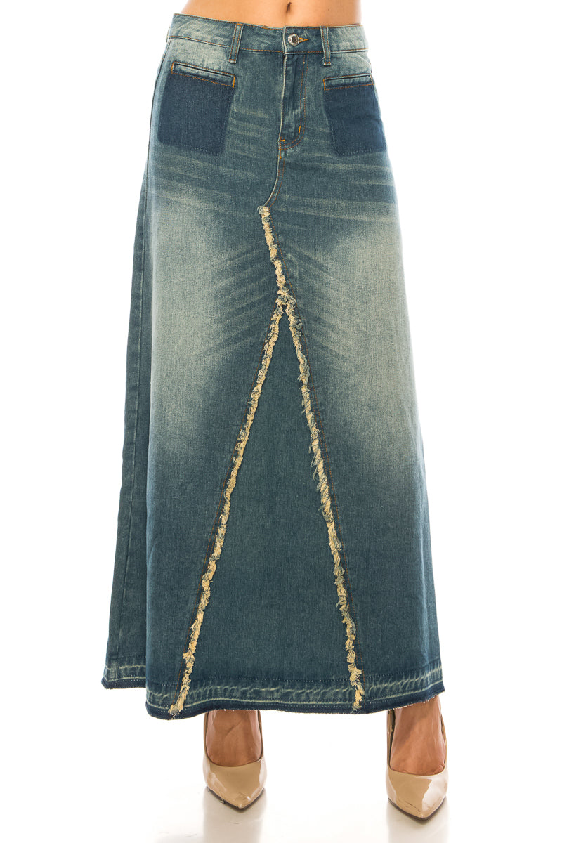 model wears vintage wash denim skirt
