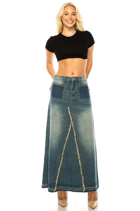 model wears vintage wash denim skirt