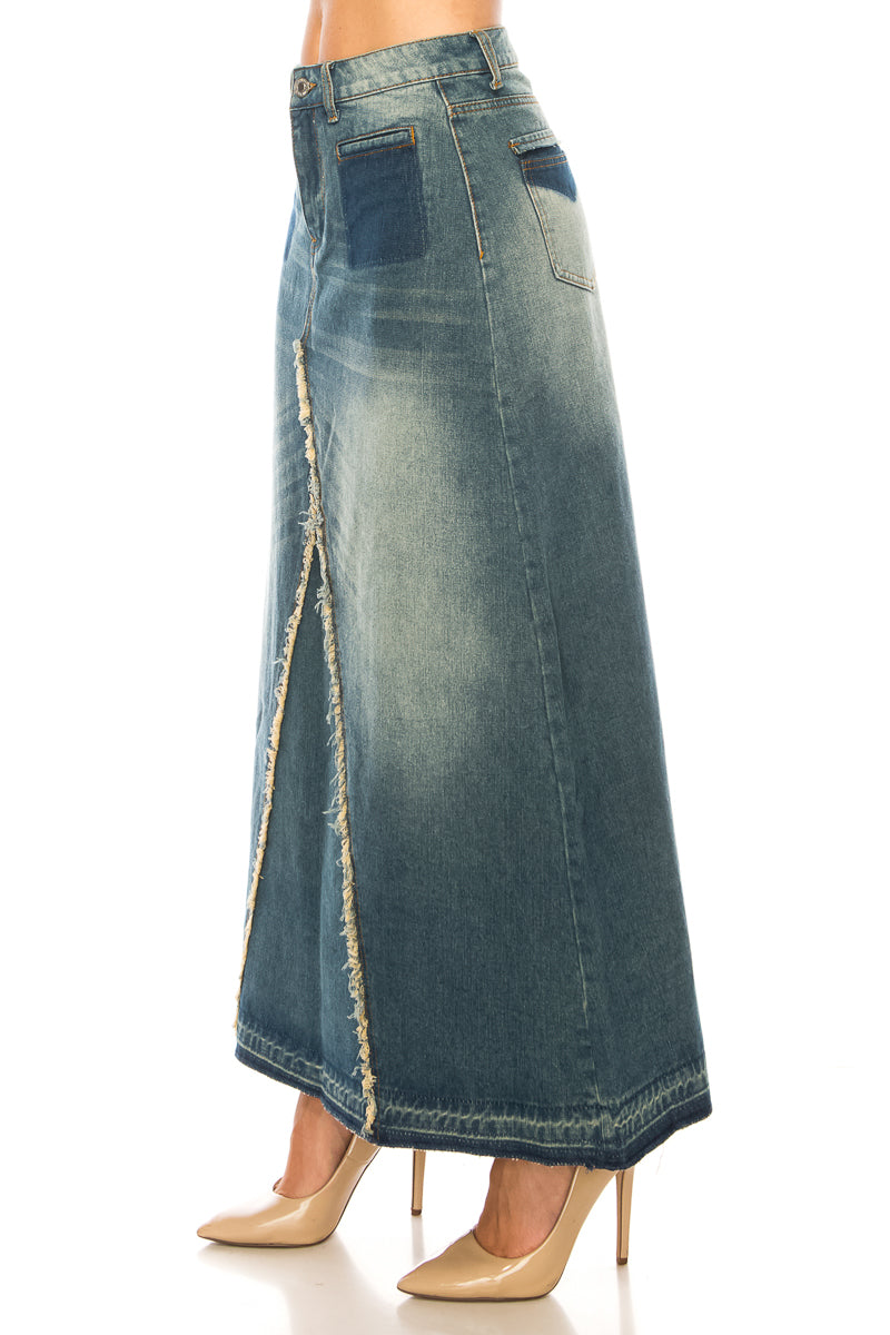 model wears vintage wash denim skirt