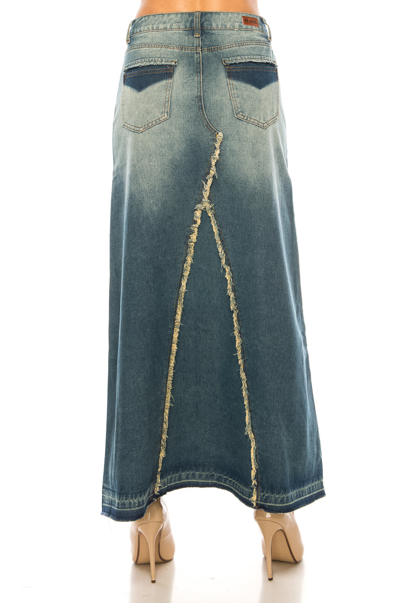 model wears vintage wash denim skirt