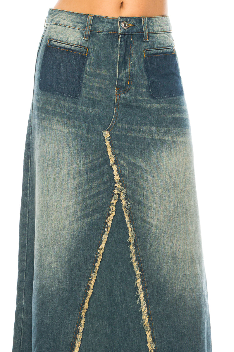 model wears vintage wash denim skirt