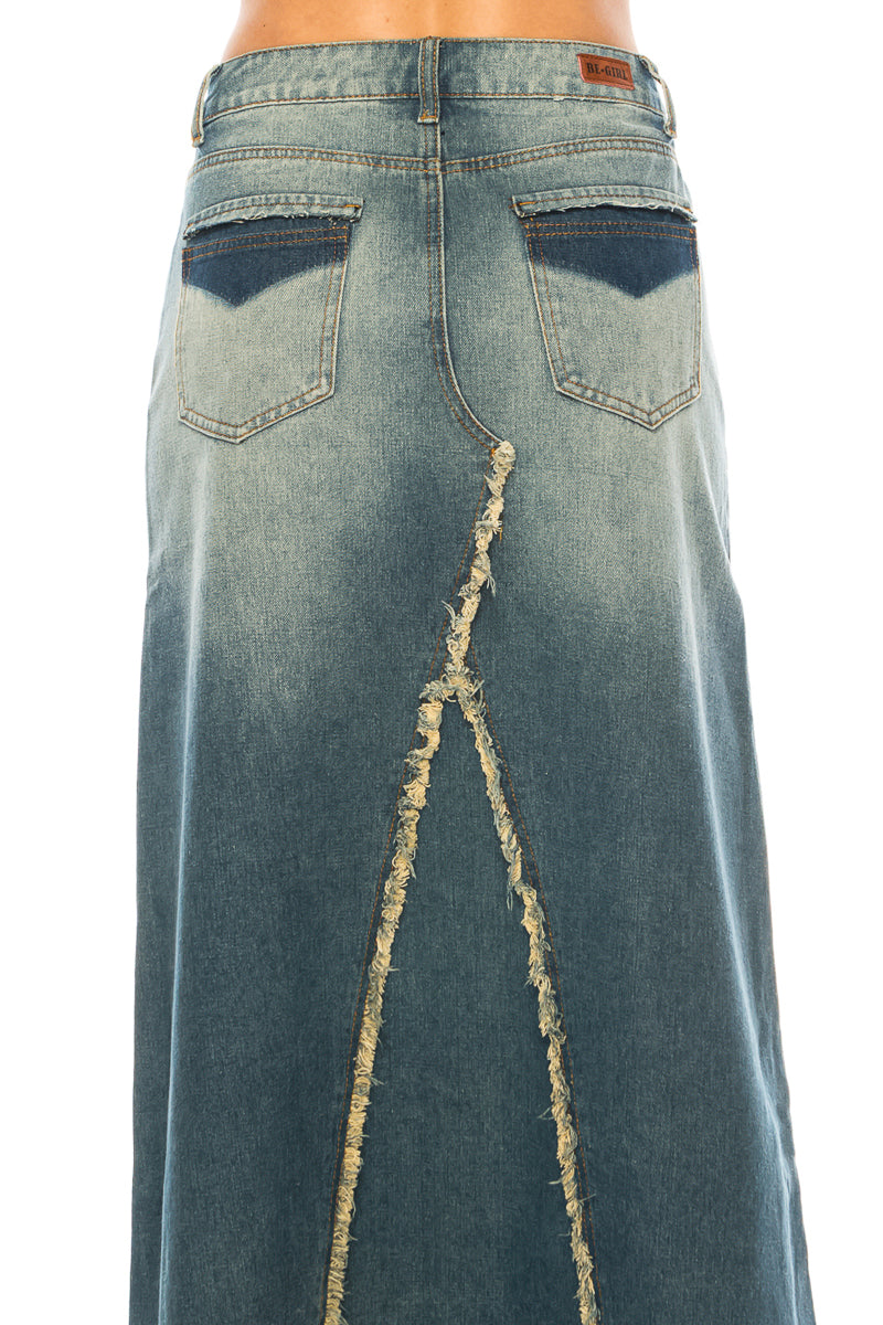 model wears vintage wash denim skirt