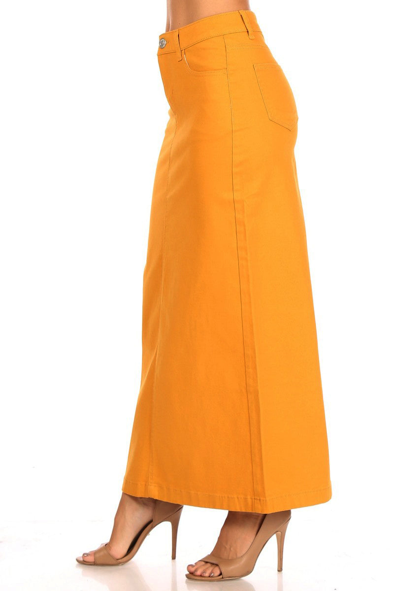 model wears yellow maxi cotton skirt