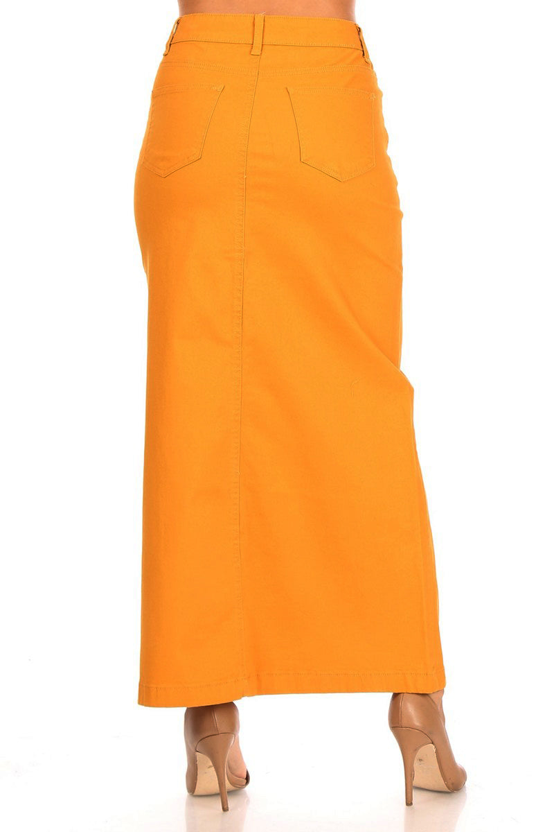 model wears yellow maxi cotton skirt