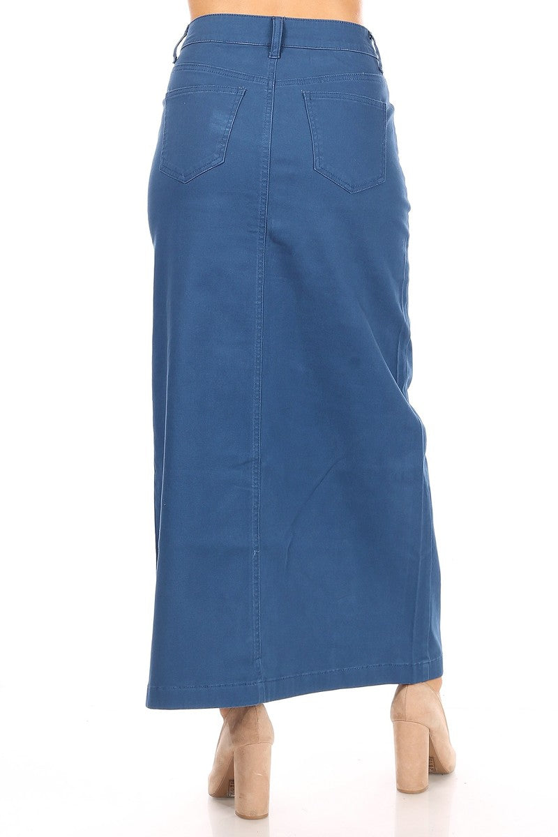 model wears blue maxi cotton skirt