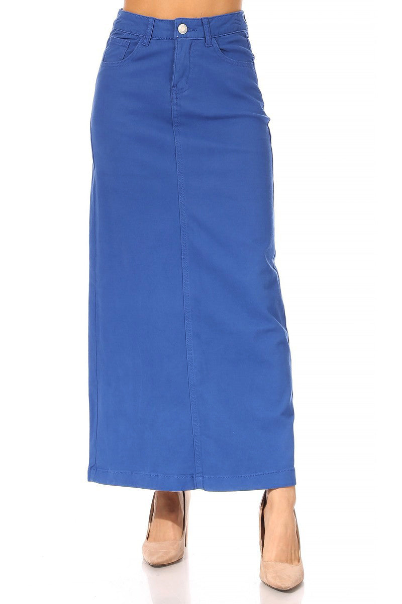 model wears blue maxi cotton skirt
