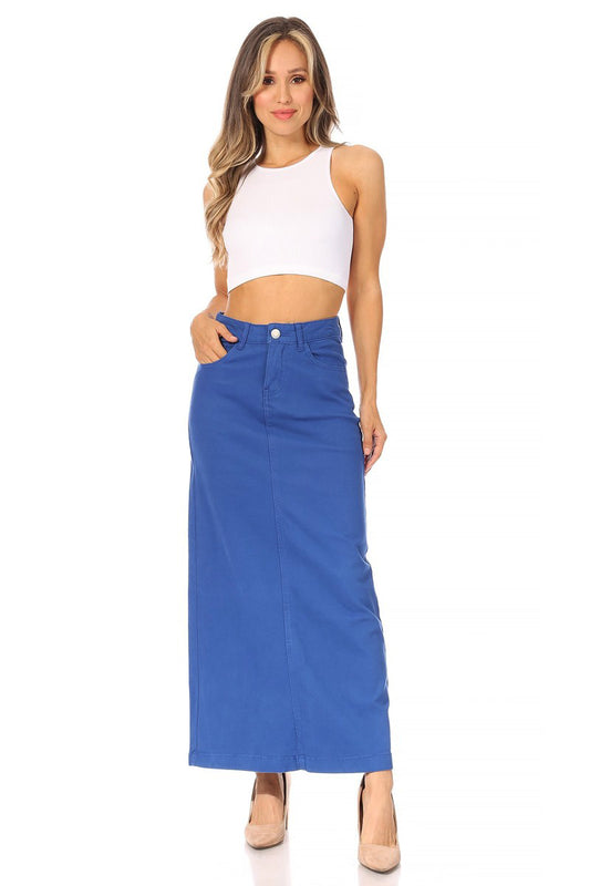 model wears blue maxi cotton skirt