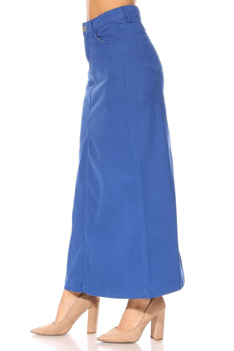 model wears blue maxi cotton skirt