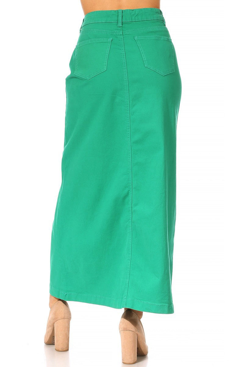 model wears green maxi cotton skirt