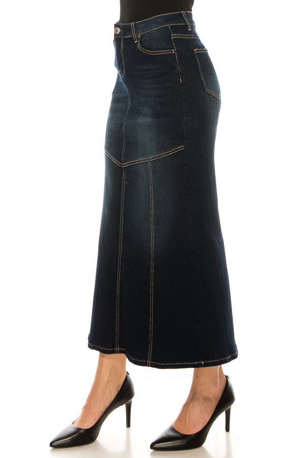 model wears dark indigo wash denim skirt