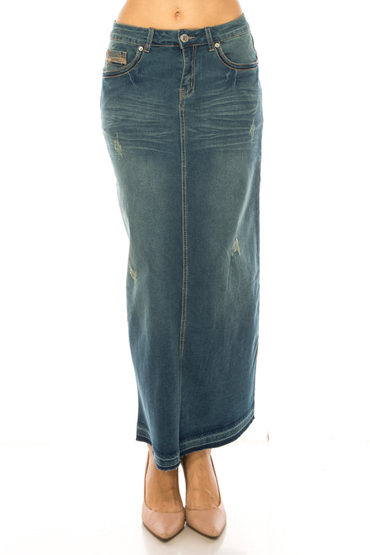 model in vintage wash denim skirt