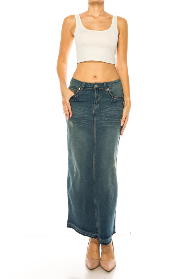 model in vintage wash denim skirt