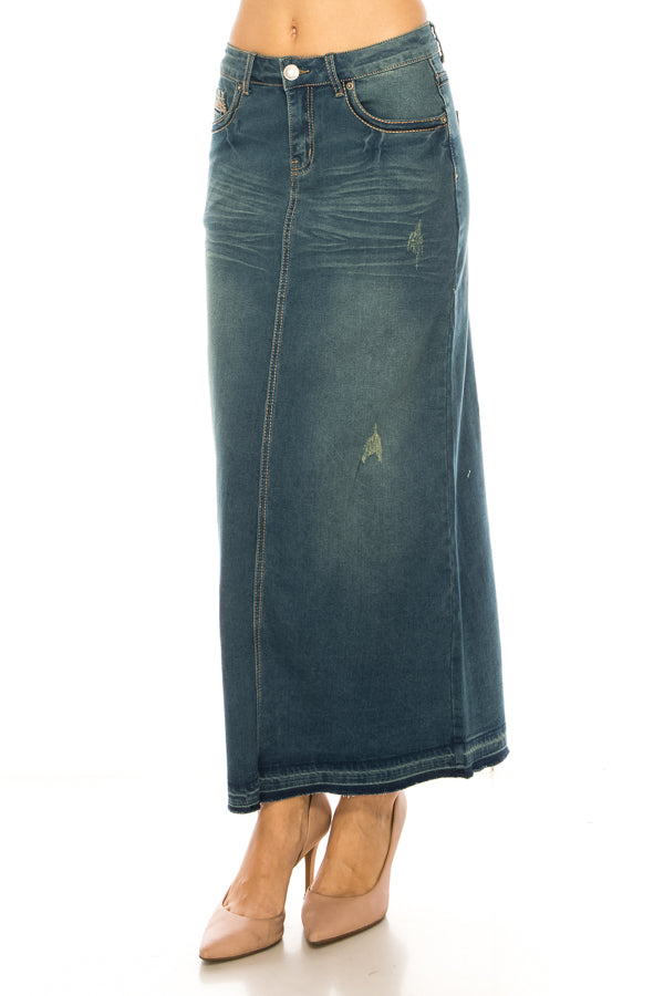 model in vintage wash denim skirt