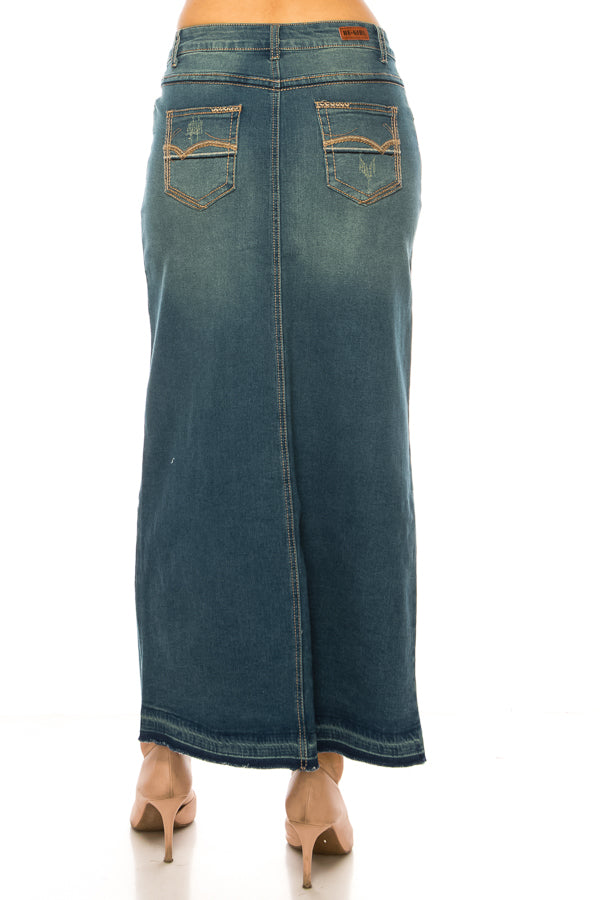 model in vintage wash denim skirt