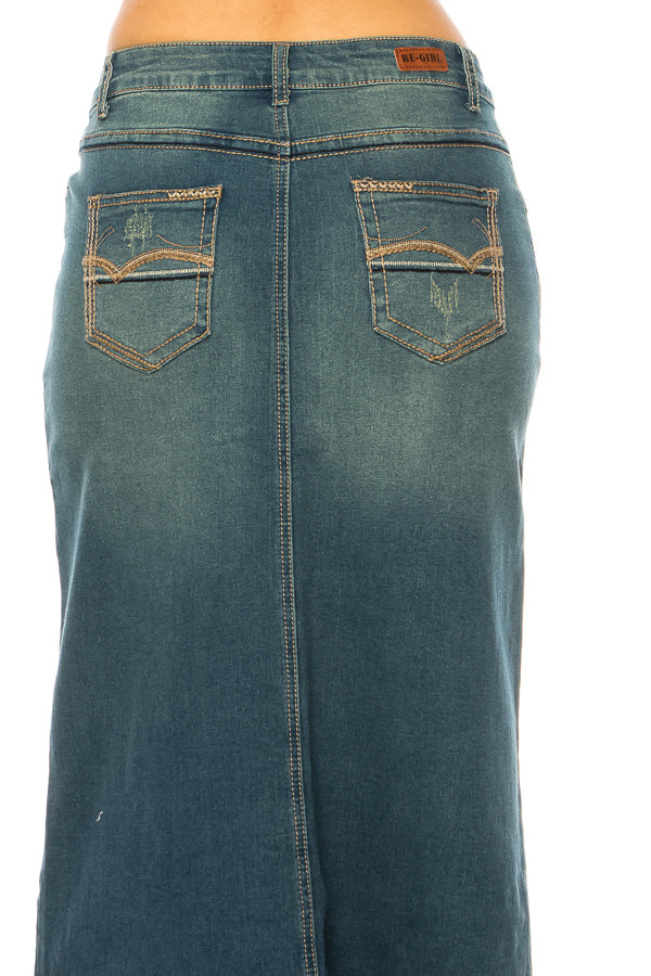 model in vintage wash denim skirt