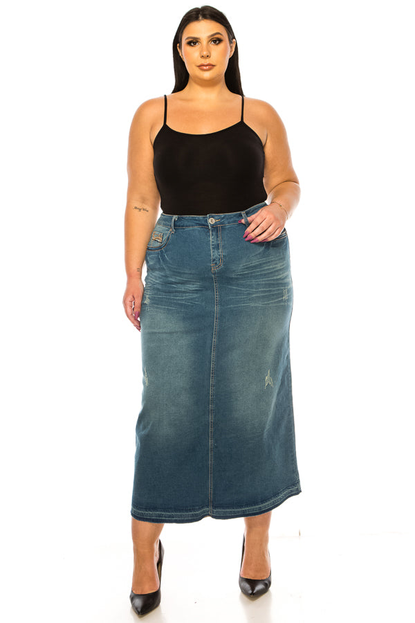model in vintage wash denim skirt