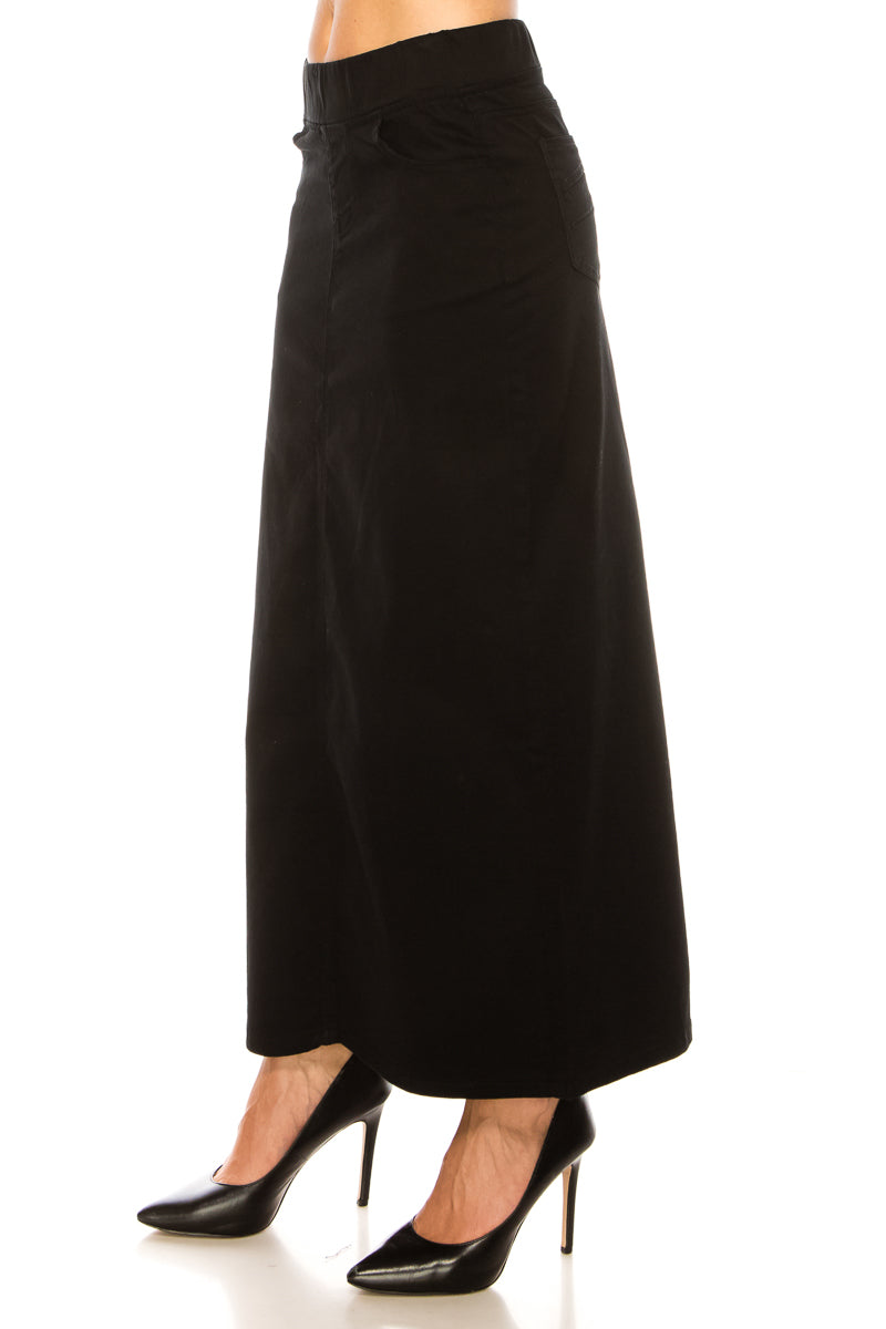 model in black maxi skirt