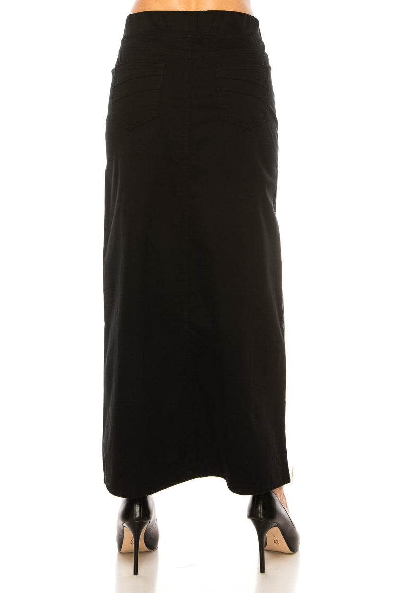 model in black maxi skirt