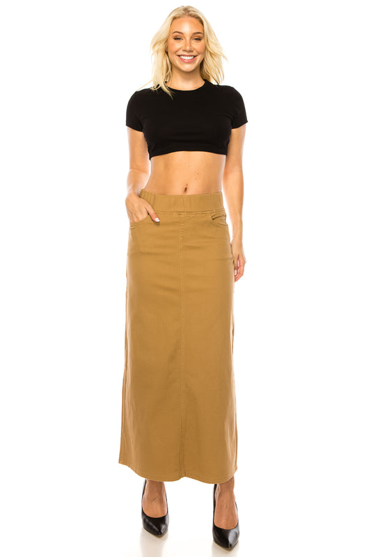 model in khaki maxi skirt