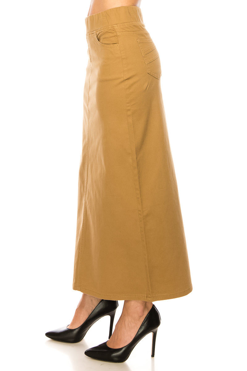 model in khaki maxi skirt