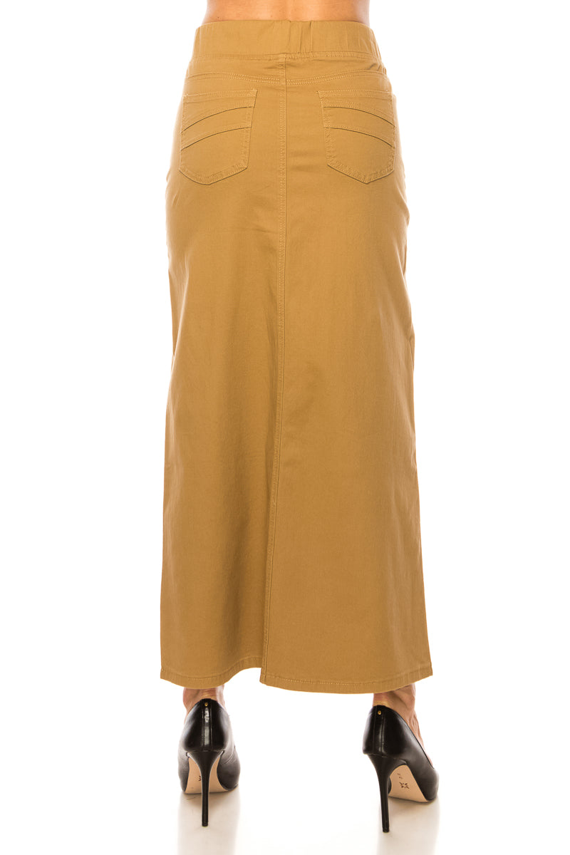 model in khaki maxi skirt