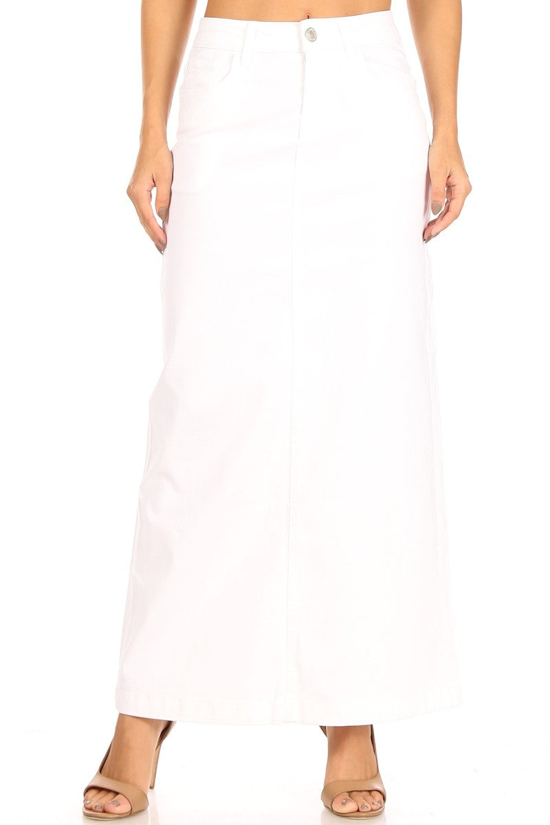 model in mid rise white cotton maxi skirt