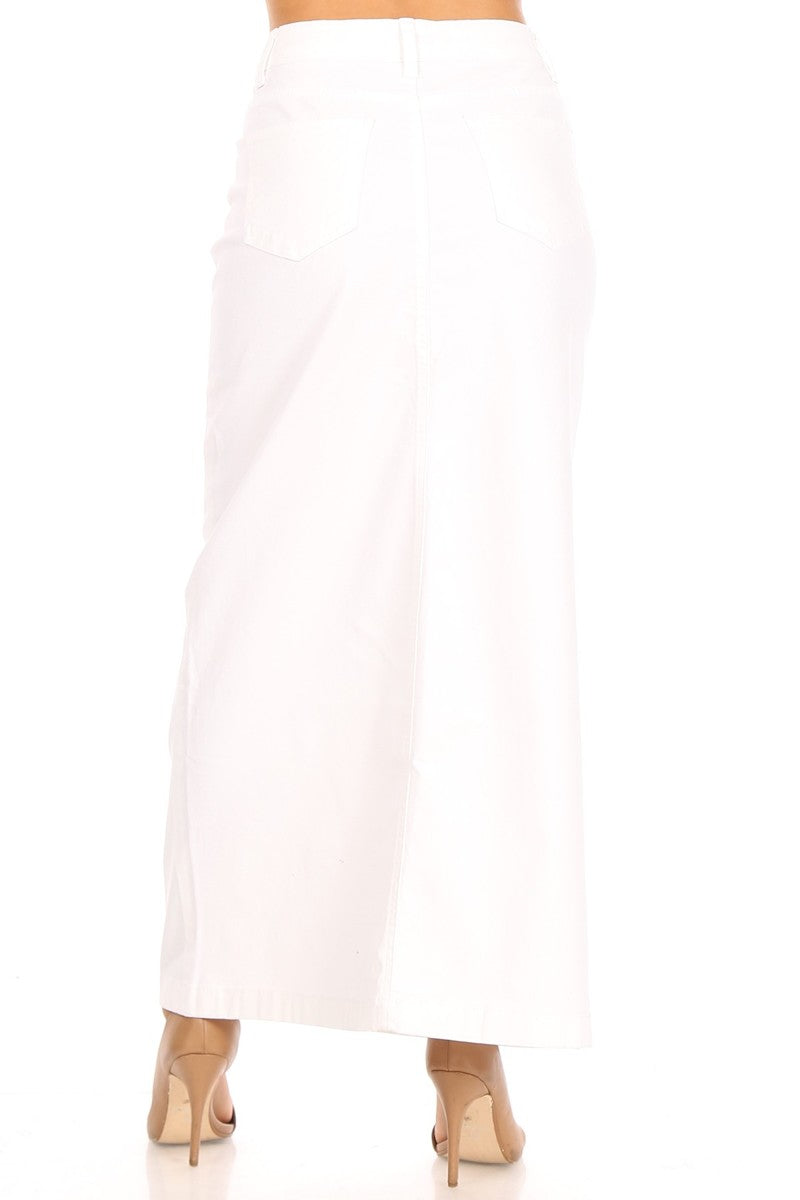 model in mid rise white cotton maxi skirt