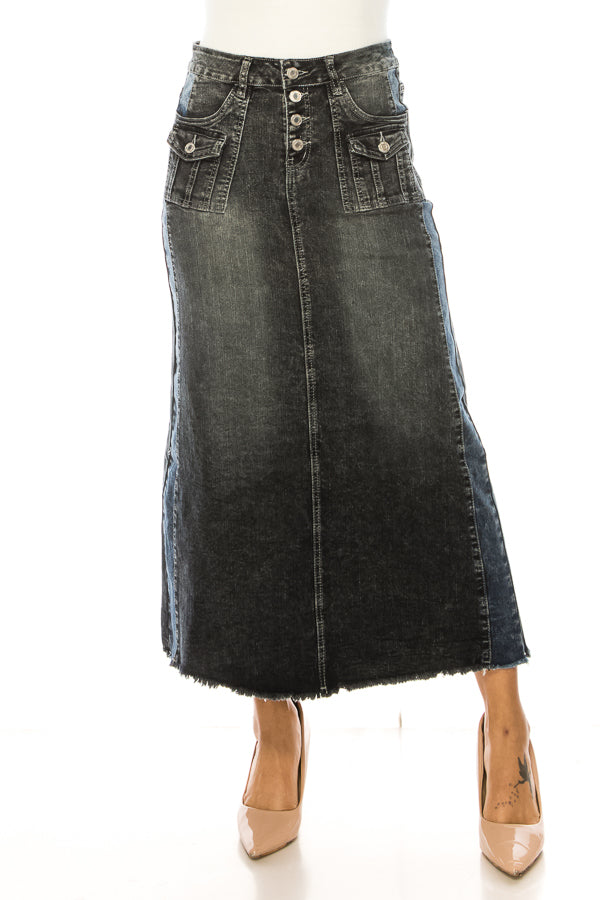 model wears indigo wash denim skirt