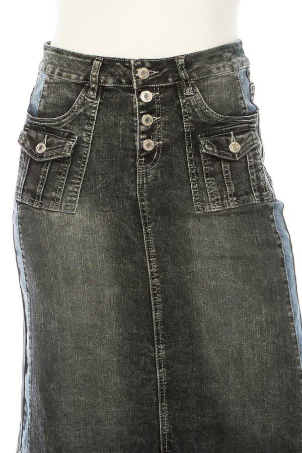model wears indigo wash denim skirt
