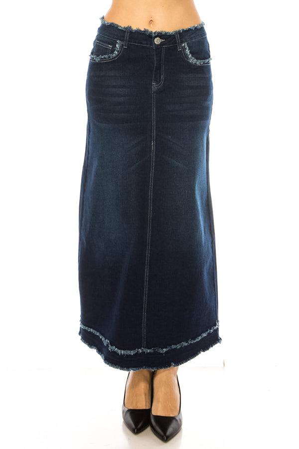 model wears dark indigo wash denim skirt