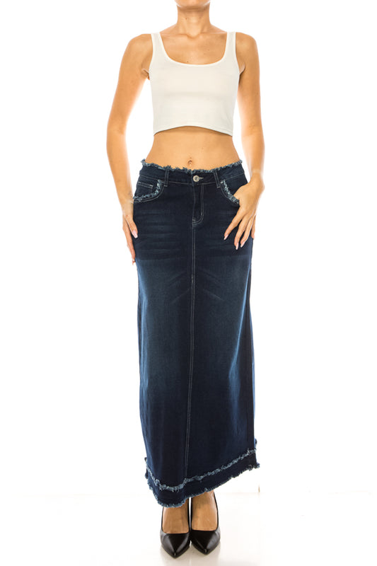 model wears dark indigo wash denim skirt