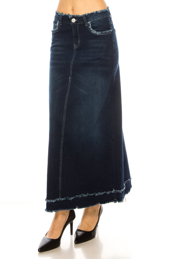 model wears dark indigo wash denim skirt