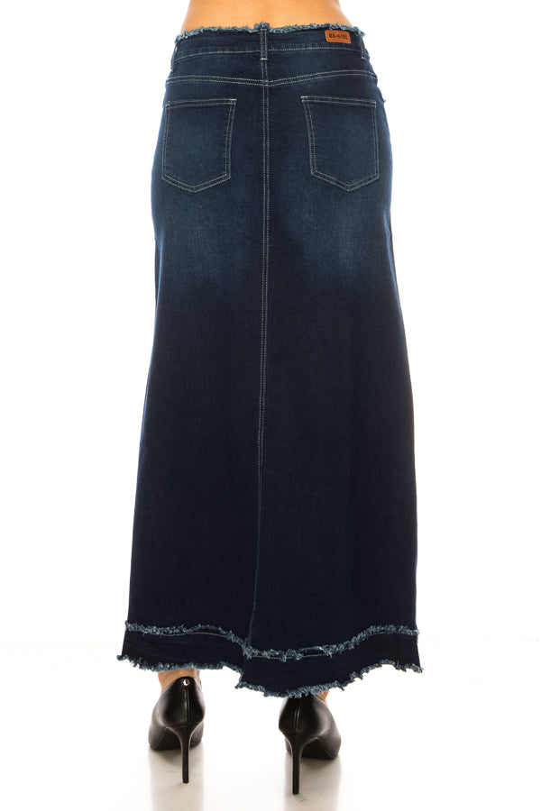 model wears dark indigo wash denim skirt