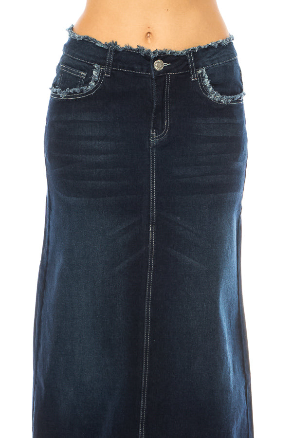 model wears dark indigo wash denim skirt