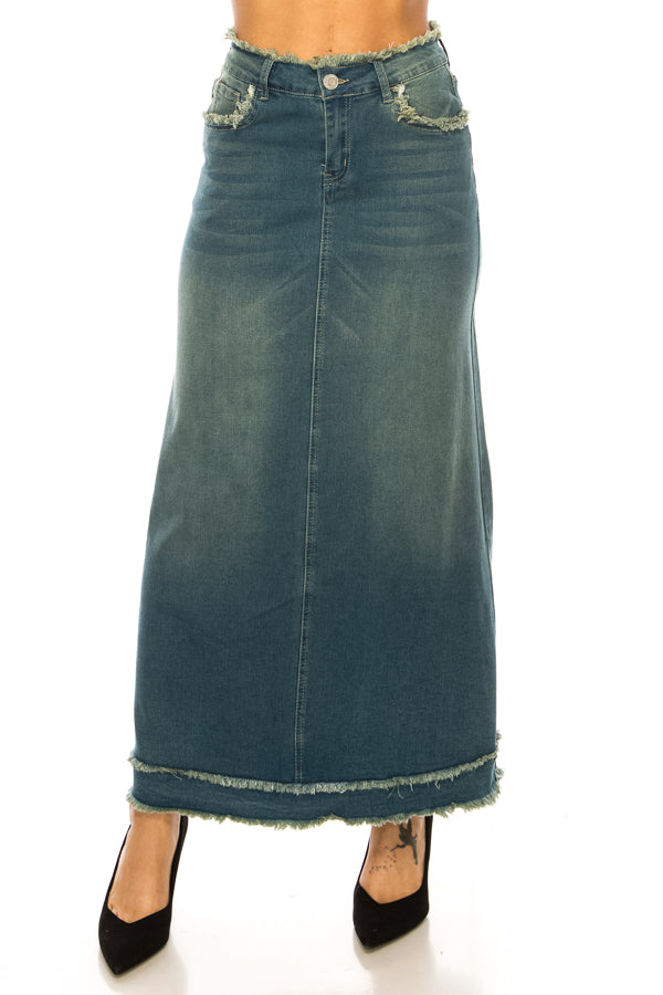 model wears vintage wash denim skirt